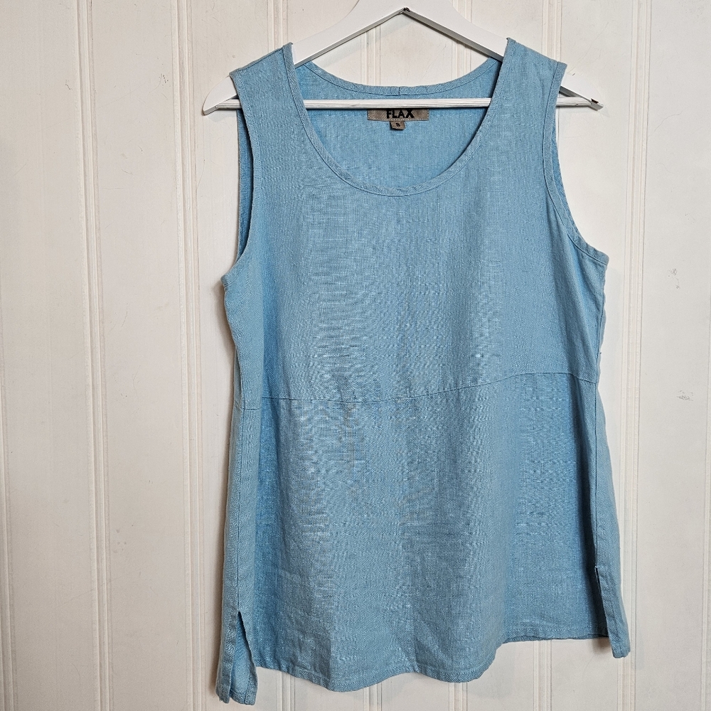 FLAX Linen Blue Sleeveless Tunic Size S Relaxed Minimalist Coastal Chic Top - Picture 2 of 11